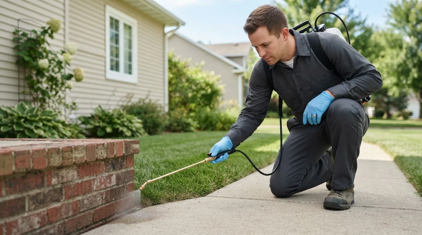 Pest control technician treating a home near Dry Branch, GA